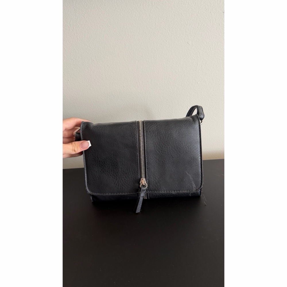 Black Leather Crossbody Bag with Front Zip Detail